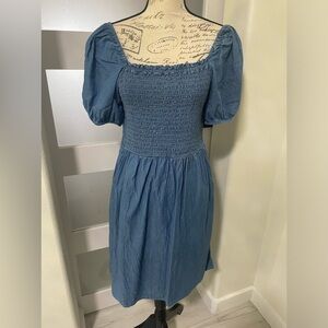 LOFT Light Blue Sundress with Smocked Bodice and Puff Sleeves